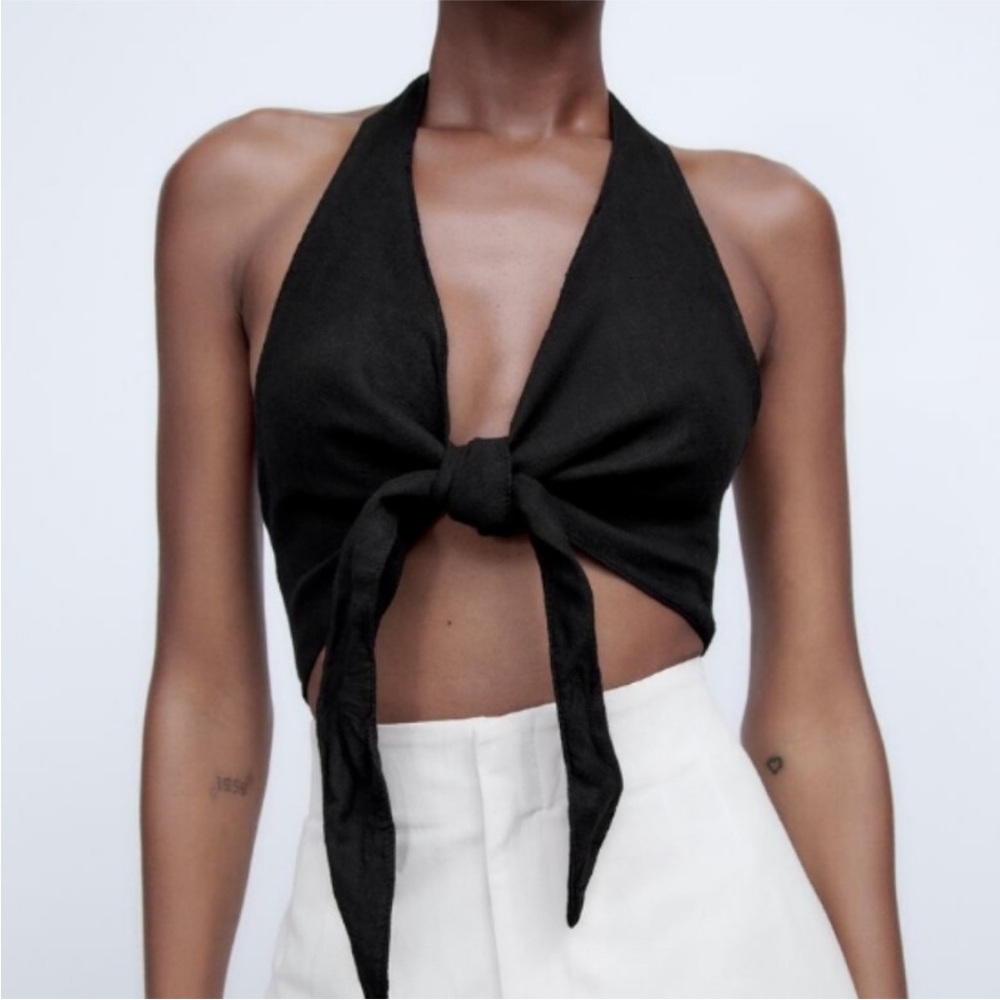 Zara • Tie Front Linen Halter Crop Top • Black • Size Large • NWT
